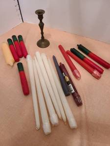 lot 1363 image: Assorted candles and brass candle stick holder