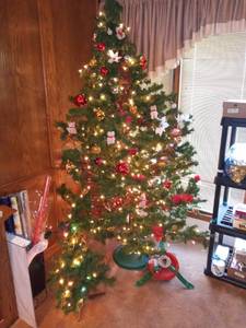 lot 1093 image: 7 Foot Christmas Tree including Ornaments with 28 in Tall Table Top Tree