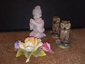 lot 1100 image: Faro Owl Figurines with Asian Girl Porcelain Figurine and Porcelain Flower Figurine