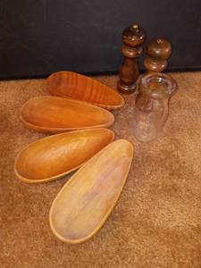 lot 1102 image: Wood Bowls with Wooden Grinder Salt and Pepper Shakers and Small Vintage Milk Bottle
