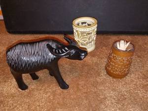 lot 1106 image: Solid Mahogany Wood Hand Carved Caribou and Assorted Carved Decor
