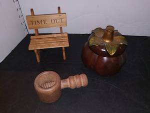 lot 1114 image: Tiny Time Out Bench Decor with Carved Pumpkin Decor and Wood Nutcracker