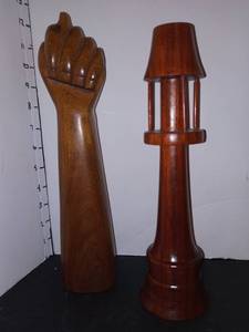 lot 1117 image: Brazilian Vintage Mid-Century Hand Carved Figa Good Luck Wooden Fist Sculpture with Solid Wood Candle Stick