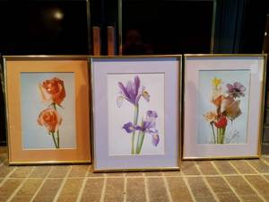 lot 1133 image: Holland American Cruise Line framed floral art trio 16 x 12 each (menus on back of pictures)