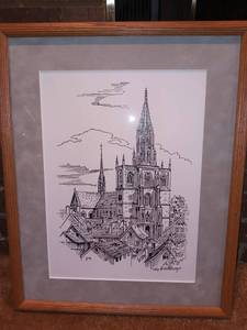 lot 1135 image: Signed Framed Cathedral Sketch Art 19 x 15 in