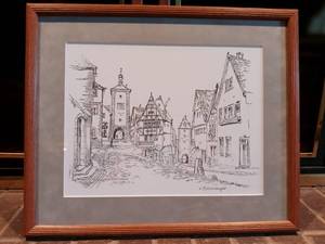 lot 1136 image: Signed and Framed Sketch Art of Rothenburg Germany 16 x 20 in