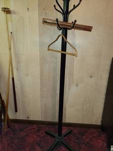 lot 2056 image: Hall tree painted black metal with tie rack and vintage hanger
