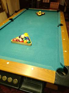 lot 2184 image: Eight foot pool table with counter, cue sticks, two sets of balls, racks and accessories (in basement - will require professionals to remove)