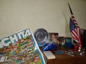 lot 2213 image: Collectors Series Bicentennial 1776-1976 plate, misc decor, sign language cards, happy birthday banner, Wichita poster and miniature plastic coke bottles and more