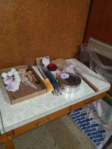 lot 2215 image: Assorted craft items, tin and large sheets of cardboard