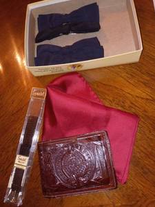 lot 1153 image: Mexican Leather Wallet with Watch Band Handkerchief and 4 Clip on Bow Ties