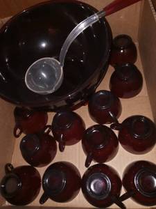 lot 1157 image: Ruby Red Glass Punch Bowl Set