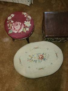 lot 1208 image: Two needlepoint stools and a wicker stool with storage