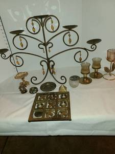 lot 1229 image: Candle and brass items including tic tac toe mirror