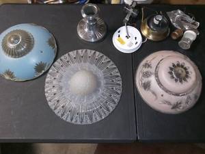 lot 3097 image: Vintage Glass Light Fixture Shades Set of 3 with Light Parts