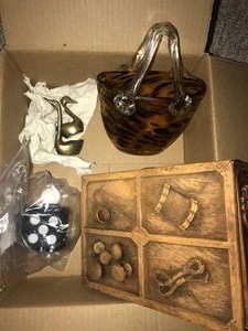 lot 24083 image: Animal Print Glass Basket - Brass Birds - Ceramic Box - Cologne