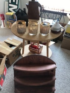 lot 24128 image: Lot of Home Decor Treasures  Shelf  Pitcher  Containers  Glasses and Baskets