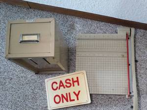 lot 24013 image: 12 Boston Paper Cutter - Small Metal File Storage - Cash Sign