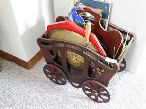lot 24031 image: Stagecoach Magazine Holder w Stained Glass Peacock  Platters  Art  Rug Beater 