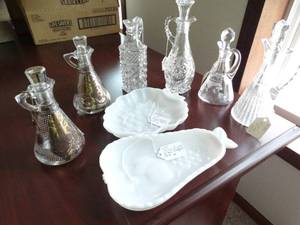 lot 24036 image: Nice Selection of Glass Cruets and Milk Glass Platters