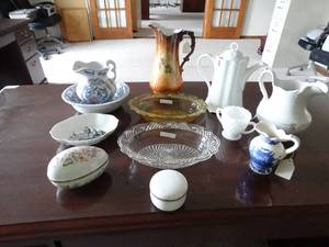 lot 24045 image: Variety of Quality Antique Pitchers Platters and Misc.