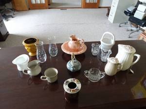 lot 24046 image: Lot of Decorative Glass - Arnels Pitcher - Etched  Pressed Glass - Pitchers - Tea pot - Etc