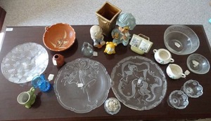 lot 24048 image: Lot of Decorative Glass  Mikasa Crystal - Blue Glass - Frankoma - Banks - Platters - Bowls - Vases