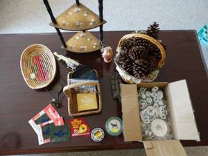 lot 24049 image: 3 Tier Small Corner Shelf - Baskets - Lot of Small Tea Sets - Military Patches - Pine Cones