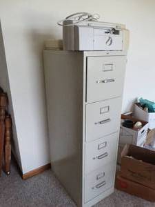 lot 24058 image: 4 Drawer Metal File Cabinet and old Printers