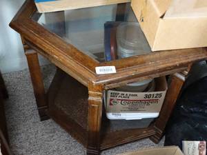 lot 24191 image: Glass Topped Wood End Table