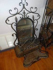lot 39951 image: Ornate Iron & Wicker Mirror & Shelf