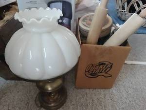 lot 24149 image: Old Metal Desk Lamp w White Glass Globe  Tins  Old Irons
