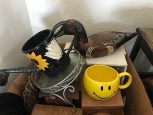 lot 24101 image: Home Decor Lot with great variety - wood train, happy face mug, wall art, wooden duck, 