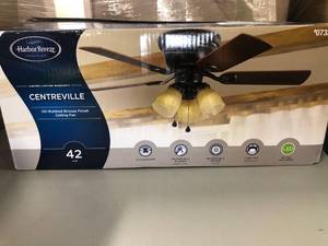 lot 1151 image: Harbor Centreville 42-in Oil-Rubbed Bronze LED Flush Mount Ceiling Fan Light