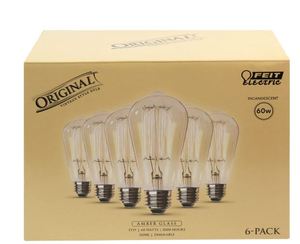 lot 46754 image: 6 PACK Feit 60-Watt ST19 Dimmable Incandescent Amber Glass Vintage Light Bulb