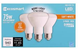 lot 46785 image: 3 Pack Ecosmart 75-watt Equiv Br20 Dimmable Led Light Bulb Soft White