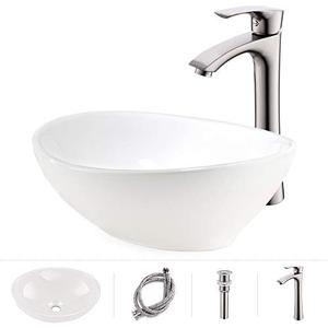 lot 9215 image: VOKIM Oval White Ceramic Vessel Sink and Faucet Combo -16 x 13 Modern Egg Shape Above Counter Bathroom Vanity Bowl,Brushed Nickel Faucet Matching Pop Up Drain Combo