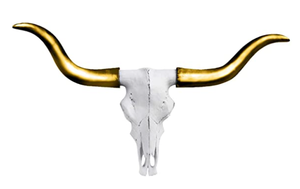 lot 9152 image: WALL CHARMERS Large White  Gold Longhorns Faux Longhorn Skull - 27.5 Faux Taxidermy Animal Head Wall Decor - Handmade Farmhouse Decor