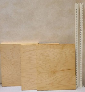 lot 21030 image: lot of 5 solid wood shelves, lot of 2 metal wall brackets