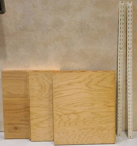 lot 21029 image: lot of 6 solid wood shelves lot of 2 metal wall brackets