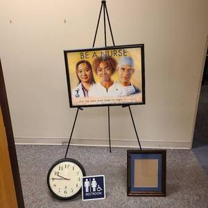lot 21039 image: lot of 5 items 5 ft Easel, clock, 2 frames, restroom sign