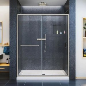 lot 305 image: Infinity-Z. Semi-Frameless Sliding Shower Door in Brushed Nickel - 56 to 60 in. x 72 in - Retail $505.87