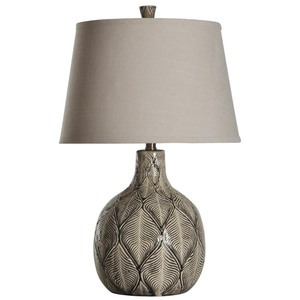 lot 336 image: StyleCraft - Dothan Black And White Ceramic Table Lamp - Taupe Hardback Fabric Shade - Retail$89.29