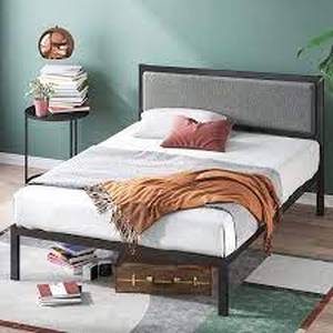 lot 4603 image: Zinus Metal Platform Bed w Upholstered Headboard