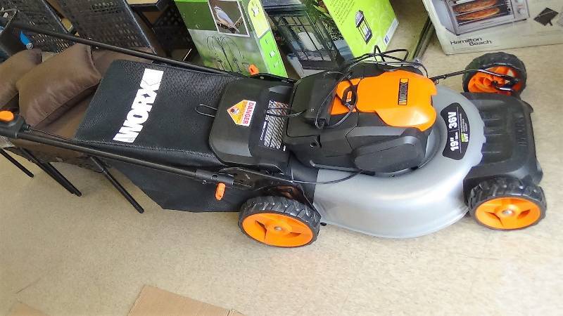 lot 3090 image: WORX  36V 2-in-1 Cordless Mower with Single Lever Depth Setting, 19-Inch
