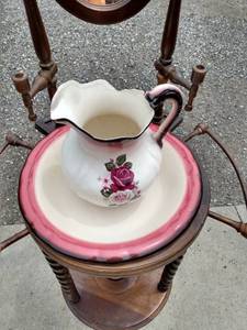 lot 426 image: wash stand with water pitcher bowl and urn - pitcher has small chip see pictures Urn has two chips one on lid and one on Urn see picture