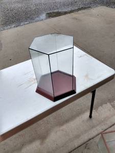 lot 463 image: hexagon glass and wood showcase 9 in across 13 in tall