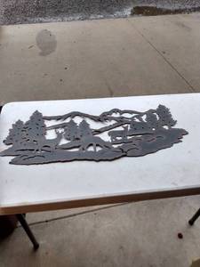 lot 469 image: metal cut out wall hanging of 3 deer and a cabin 35 in Long 14 in tall