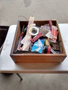 lot 473 image: wood drawer full of garage items including tools
