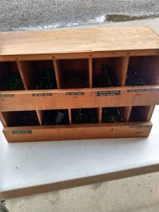 lot 485 image: wood parts bin and contents